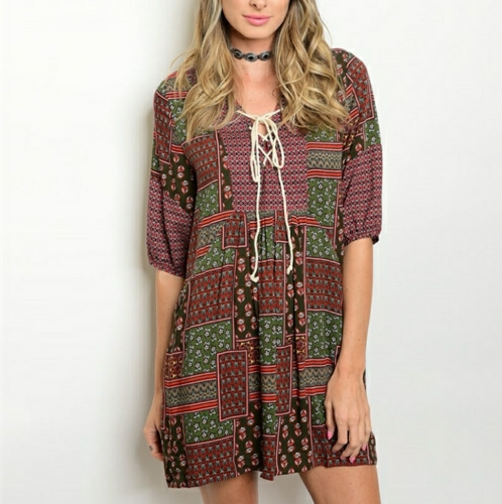 Lace-up Crochet Patterned Tunic Dress Pockets